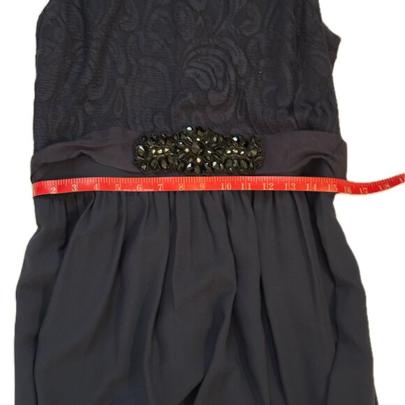 Belle Badgley Mischka Navy Lace & Chiffon Gown Beaded Waist Satin tie size 10 - Picture 10 of 11